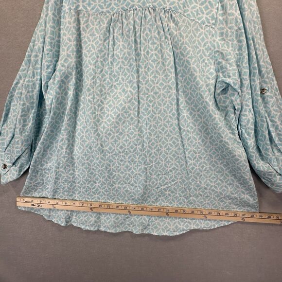 Charter Club Luxury Women’s 100% Linen 2X Blue Pattern Roll tab Sleeve Button Up - Picture 11 of 12